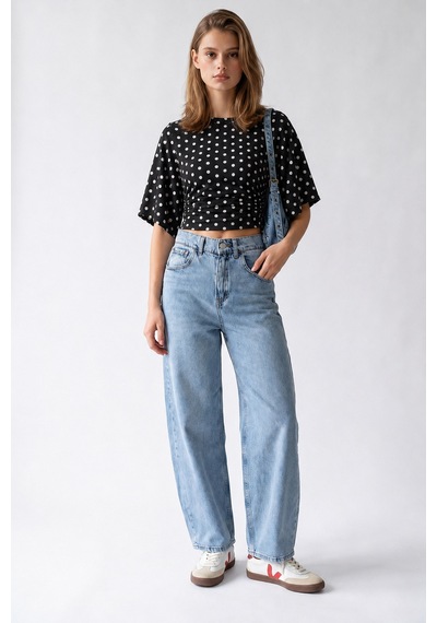 Mixray 2172 Kadın Yüksek Bel Geniş Paça Barrel Denim Pantolon Mavi