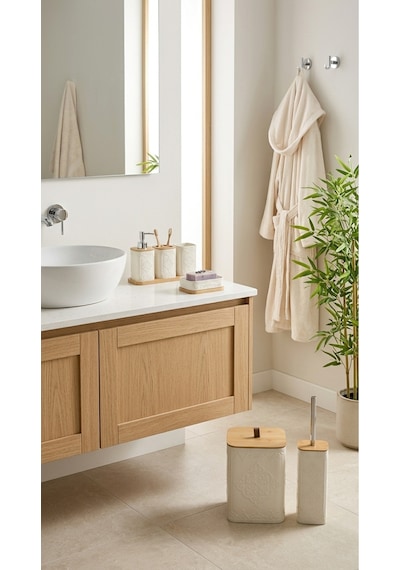 Makri Home 7 Parça Desenli Kare Bambu Kapaklı Beyaz Banyo Seti, Hacim: 8 Litre Beyaz