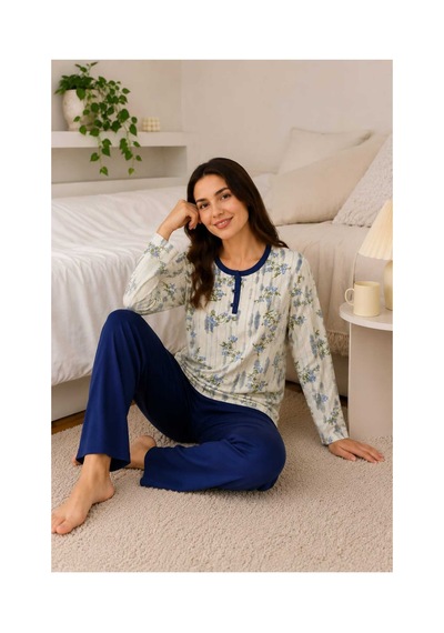 Tenra Rahat Kalıp Çiçek Desenli Kadın Pijama Takımı %100 Pamuk Lacivert
