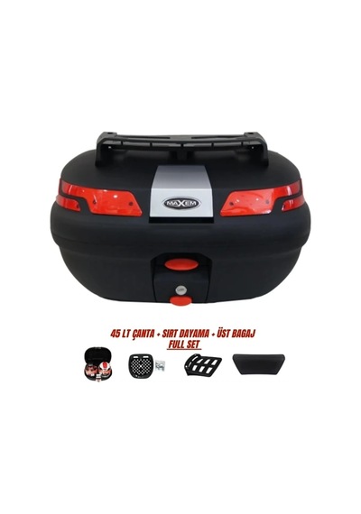 Motosiklet Arka Çanta 45 Litre Sırt Dayama Ve Üst Tabla Full Set Siyah Siyah