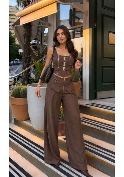 Kahve Tokalı Crop Büstiyer & Yüksek Bel Bol Paça Pantolon Takım S Kahverengi