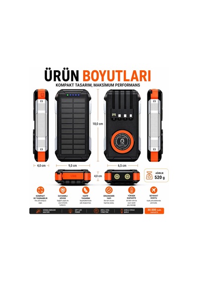 Fc-30 Solar Powerbank 30000 Mah, Pd 22.5w Hızlı Şarj, 15w Kablosuz Şarj, Güneş Panelli, Dahili Kablolu, Çift Led