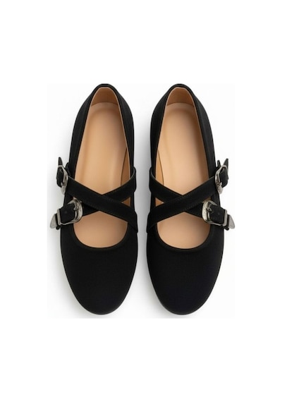 Ne&ve Shoes Siyah Süet Hakiki Deri Çapraz Bantlı Aksesuar Detaylı Kadın Yuvarlak Burun Babet
