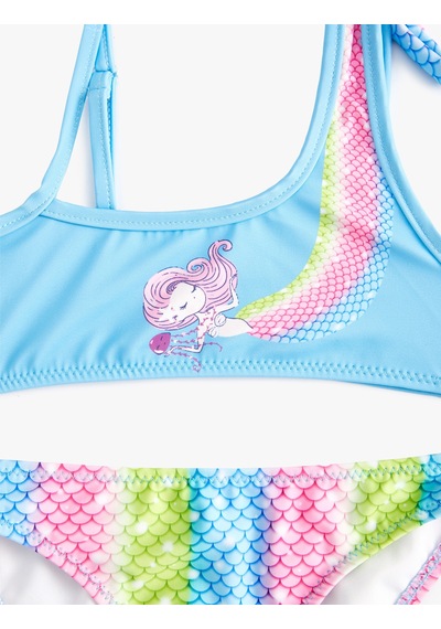 Koton Bikini Takımı Deniz Kızı Baskılı Tek Omuz İnce Askı Detaylı Mavi 4skg00010mm Mavi