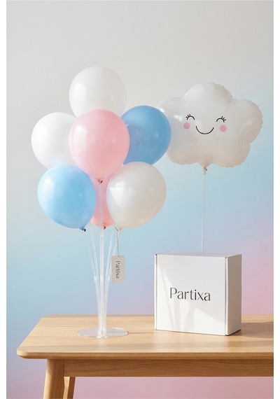 Sevimli Bulut Yüzlü Balon Stand Seti Şeffaf 7 Li Stand + Bulut Folyo Balon 48 46 Cm + 7 Lateks Balon