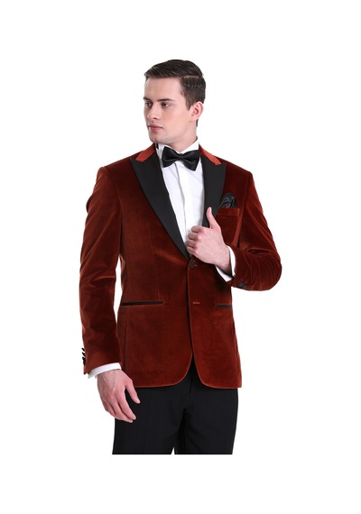 Hatemoğlu Kiremit Slim Fit Düz Sivri Yaka Kadife Klasik Smokin Damatlık 33 Kahverengi