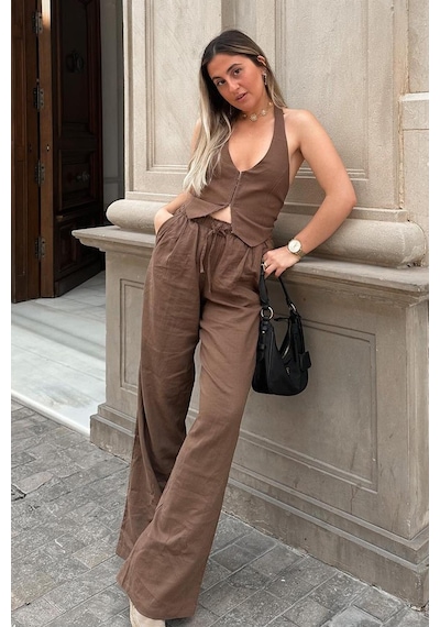 Madmext Kahverengi Beli Büzgülü Wide Leg Kumaş Pantolon Mg1950-kahverengi Kahverengi