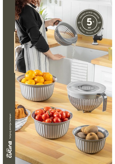 5 Parça Linea Çok Amaçlı Çeyiz Seti Gri 1x Mikser Kabı 3lt 1x 3 Boy Kase 1x Pirinç Süzgeçi 3lt Gri