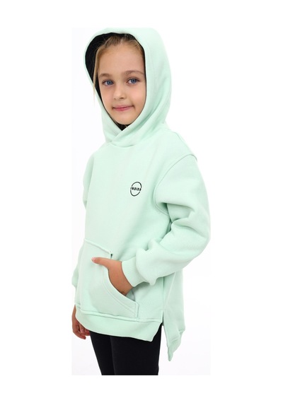 Toontoy Kız Çocuk Oversize Kapüşonlu Cepli Nakış Baskılı Yırtmaçlı Sweatshirt - 3 İplik Şardonlu Mint Yeşili