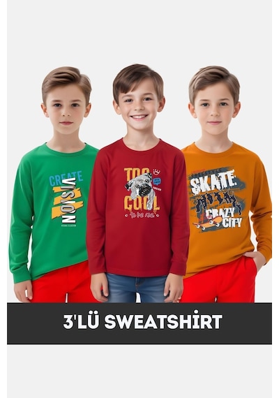 Fyk Kids Erkek Çocuk Bisiklet Yaka 3'lü Basic Sweatshirt Çok Renkli