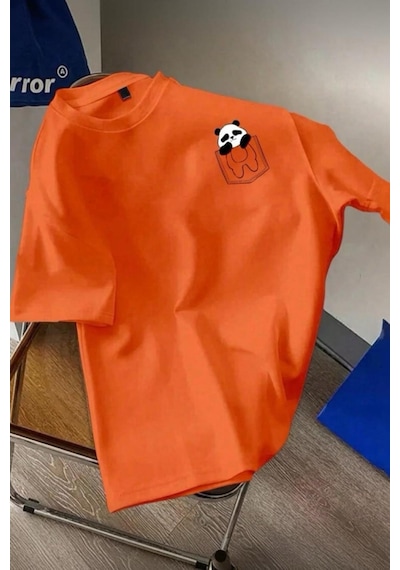 Cepte Panda Baskılı Oversize Unisex Pamuklu Tişört Battal Büyük Beden Tshirt Turuncu