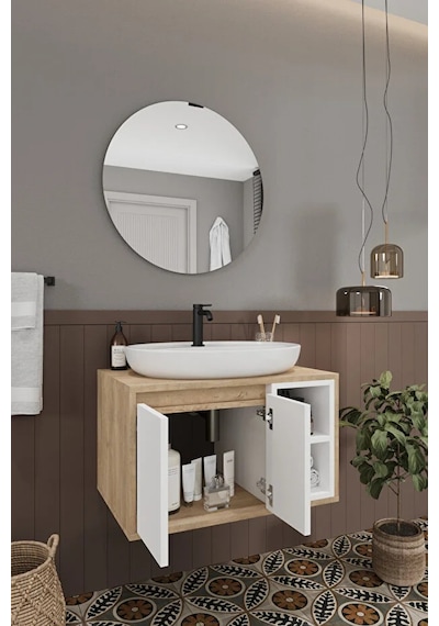 Gül Beyaz 70 Cm %100 Mdf Lavabolu Banyo Dolabı Ayna Lavabo Beyaz