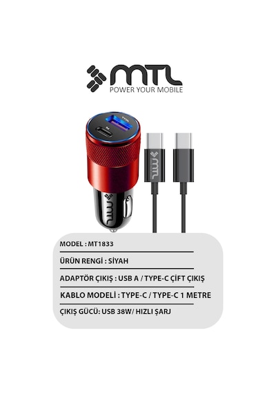 Araç Şarj Aleti Çakmaklık 38w Type-c Type-c + Usb Çift Portlu - Qualcomm Qc 4.0 Desteği Mt-a1835