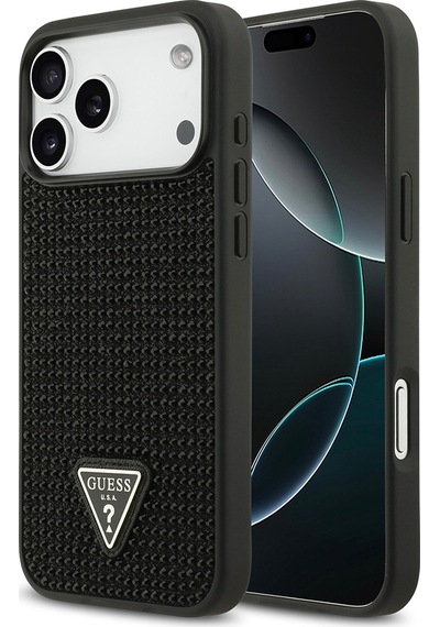 Apple Uyumlu iPhone 17 Pro Max Kılıf Guess Lisanslı Taşlı Arka Yüzey Üçgen Logolu Kapak Siyah