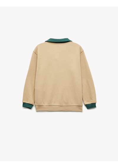 Koton Pamuklu Uzun Kollu Kolej Nakışlı Polo Yaka Sweatshirt Bej 6wkb10151tk Ekru