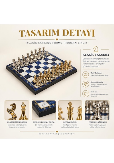 Lüks Metal Satranç Takımı Krom Figürlü 20 X 20 Cm Mavi Mermer Desenli Dekoratif Özel Hediye Seti