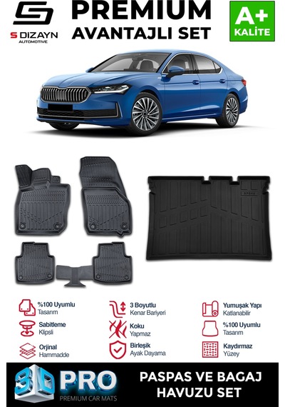 S-dizayn Skoda Superb 3d Pro Havuzlu Paspas Ve Bagaj Havuzu Seti 2'li Set 2024 Üzeri A+ Kalite