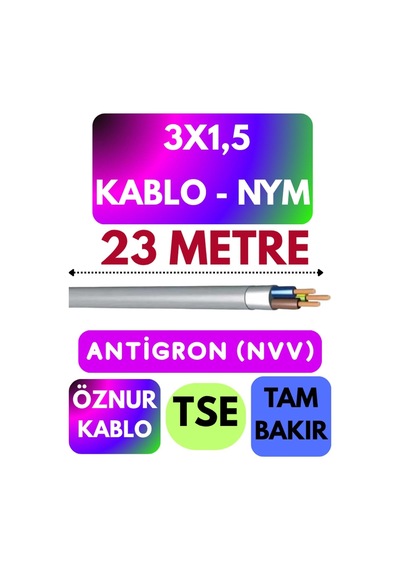 Öznur 3x1,5 Antigron Nym Kablo, 23 Metre, Gri