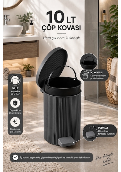 Porsima 0706 Still 10 Litre Pedallı İç Kovalı Çöp Kovası Antrasit Yuvarlak Banyo Ve Mutfak Çöp Kovası Yok