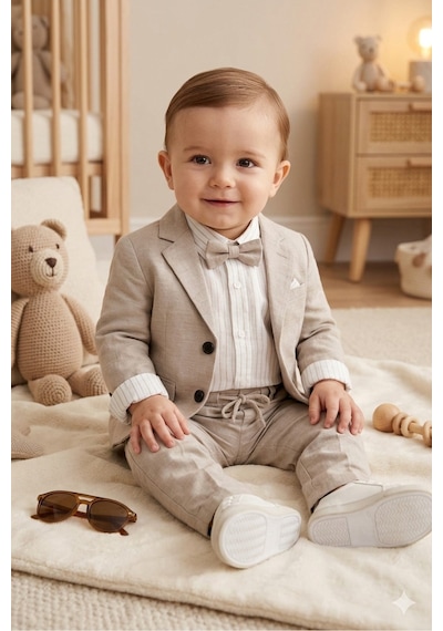 Baby Kids Colors Flamlı Keten Salaş Ceketli Takım Elbise/gömlek Pantolon Ceket Papyon Ay Grubu Zıbınlı Gri