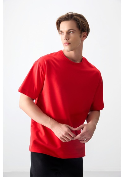 Air Jones Tommy Life Fiesta Pamuklu Kalın Yumuşak Dokulu Oversize Fit Basic Erkek T-shirt - 88377 Kirmizi