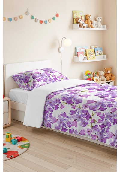 Mor Çiçekli Modern Genç Odası Tek Kişilik Pike Takımı - Lila Beyaz 160x220 Cm Kapitone Yatak Örtüsü Buharlı Nehir Anısı