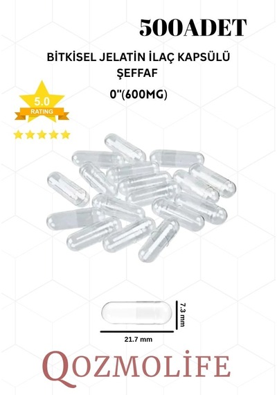 Qozmolife Orta Boy Şeffaf Bitkisel Jelatin Boş Kapsülü Helal Sertifikalı 0"600mg 500 Adet