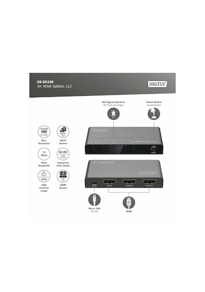 Dıgıtus 4k Hdmı Splitter, 1x2, 4k/60hz Hdcp 2.2, Edıd Control