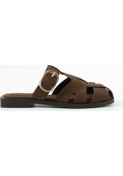 Duxal Shoes Fabian Kadın Camel Süet Kafesli Sandalet Terlik Toka Detaylı Acıkahve