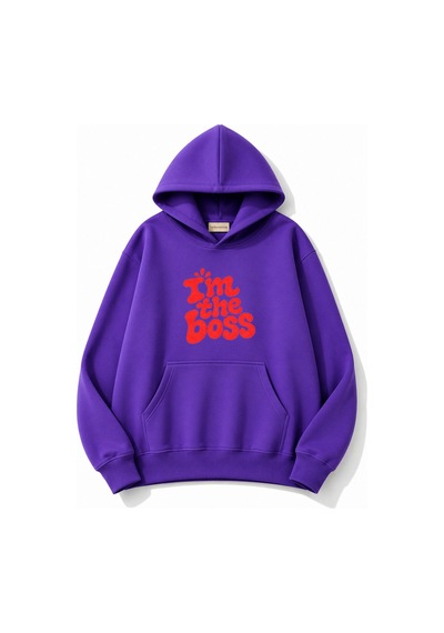 Herkesemoda Yazı Baskılı Kapüşonlu 2 İplik Şardonlu Sweatshirt Mor