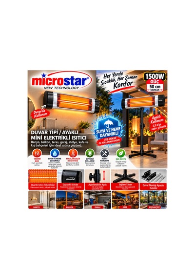 Sun 1500w Banyo Duvar Sobası Suya Ve Neme Dayanıklı 50 Cm Elektrikli Infrared Isıtıcı Siyah - 939564510