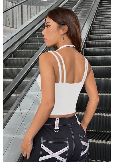 Angbutik Kadın Siyah Beyaz Çift Renk Çapraz Askılı Crop Top Bluz