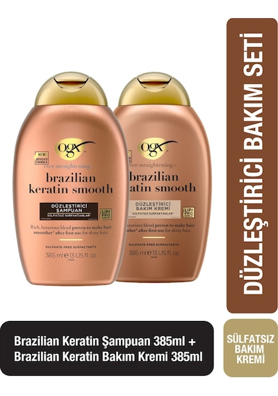OGX Brazilian Keratin Smooth Düzleştirici Sülfatsız Şampuan 385 ml + Saç Bakım Kremi 385 ml
