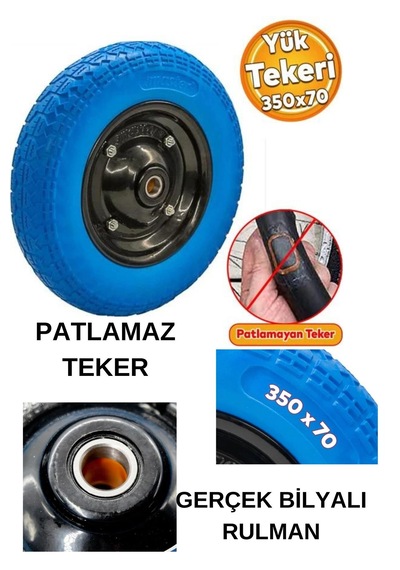 Pu El Arabası Tekeri Yeni Nesil Pro Patlamaz Sağlam Uzun Ömürlü Rulman Bilyalı 350-7