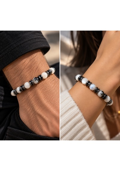 Ay Taşı Ve Hematit Taşlı Tasarım El Yapımı Unisex Bileklik Beyaz - Siyah