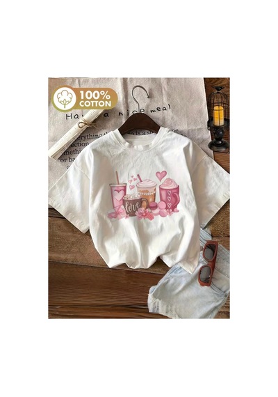 Herkesemoda Love Bardaklar Baskı Detaylı Basic T-shirt Beyaz