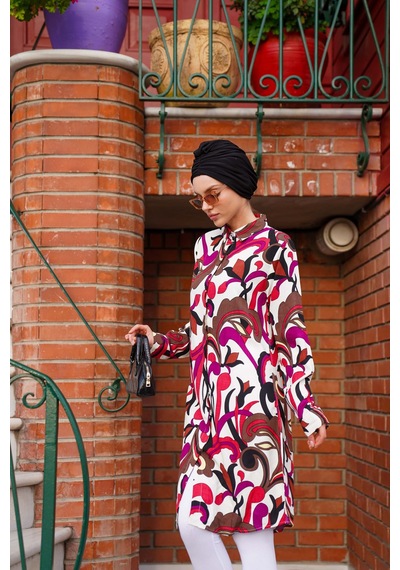 Polologin Butik Fuşya Renkli Soyut Desenli Uzun Tunik Pembe