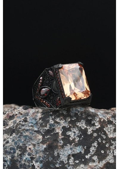 Şampanya Topaz Taşlı 925 Ayar Gümüş Erkek Yüzüğü Zirkon Taş Süslemeli 901476 Gümüş