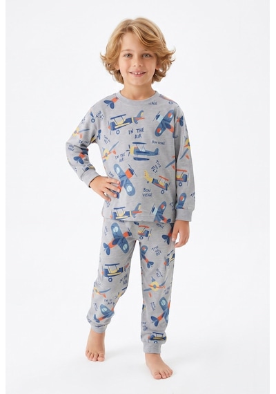 Bunny Hopp Erkek Çocuk Uzun Kollu Pijama Takımı %100 Pamuk Vintage Uçak Desenli Penye Gri