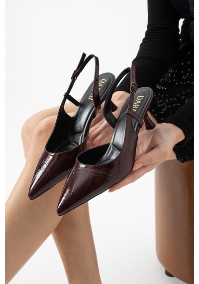 Dabab Shoes Maysa Kadın Bordo Rugan Kroko Dokulu Sivri Burun Bilek Bantlı İnce Topuklu Ayakkabı