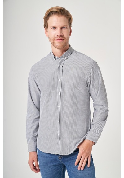 İmza Gri Düğmeli Yaka Uzun Kol Cepsiz Slim Fit Pamuklu Gömlek 1004260205 Beyaz - Siyah