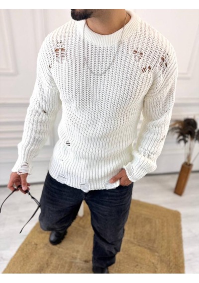Elku Moda Kazak Oversize Yırtık Detaylı Lazer Kesim Tüylenmez Naturel Pamuk Rahat Kesim Salaş Kazak 001