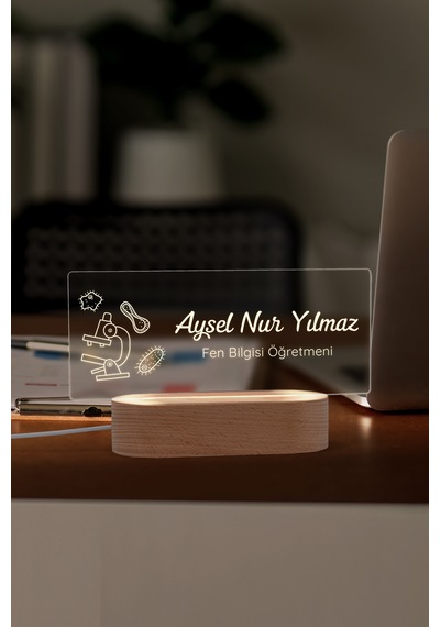 Öğretmenler İçin Kişiye Özel Masa İsimliği Masif Ahşap Tabanlı Usb Kablolu Pleksi Led Gece Lambası