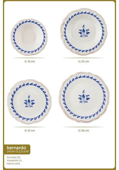 Bernardo Blue Flower 24 Parça Yemek Takımı Beyaz - Mavi