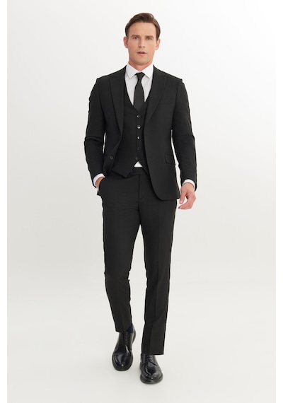 AC&Co / Altınyıldız Classics Erkek Sıyah Slim Fit Dar Kesim Kırlangıç Yaka Kapak Cepli Yelekli Takım Elbise Siyah