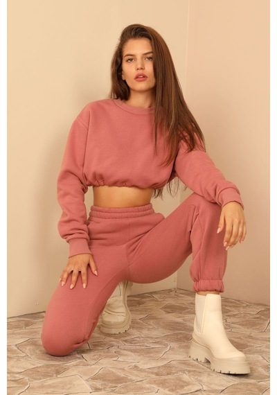 Kaktüs Moda Şardonlu 3 Iplik Kumaş Uzun Kol Kadın Sweatshirt Pemb