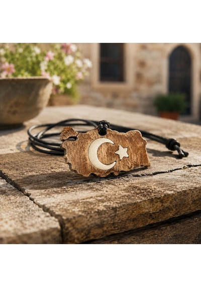 Ay Yıldızlı Türkiye Haritası Çift Taraflı Eskitme Ahşap Metal Kolye - Unisex Çok Renkli