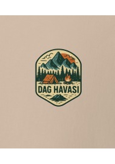 Wildstyle Dağ Havası Renkli Vintage Dağ Doğa Kamp Rozet Baskılı Unisex Bisiklet Yaka Pamuklu Tişört Camel