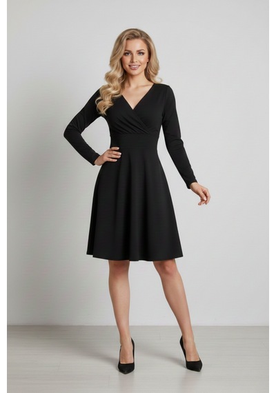 Zedefx Kadın Kruvaze Yaka Kloş Elbise Siyah