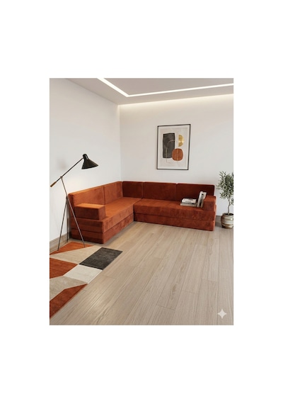 Premium Kadife Kumaş, Konforlu Yer Kanepesi ,modüler Şark Köşesi Takımı - Kiremit - 40 Cm- L Set Turuncu